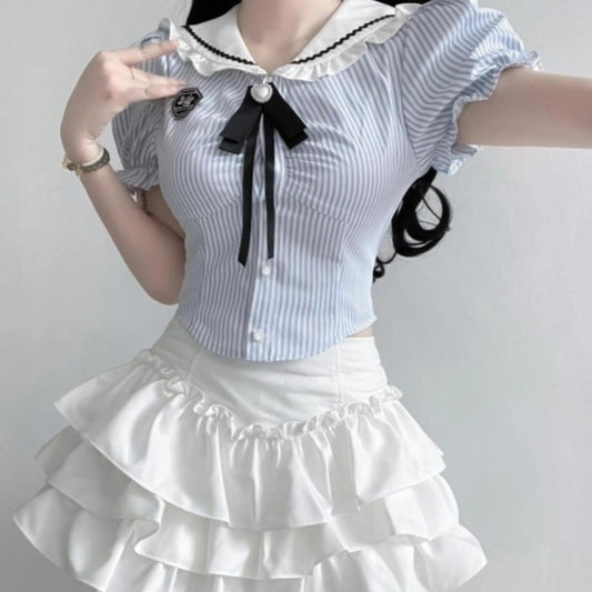 Sweet College Style JK Hot Girl Waist Trimming Short Sense Of Design Shirt Female Cake Dress Two-piece Set