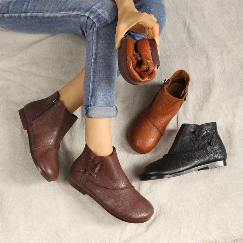 Handmade Retro Cowhide Booties With Round Heads And Flat Bottoms