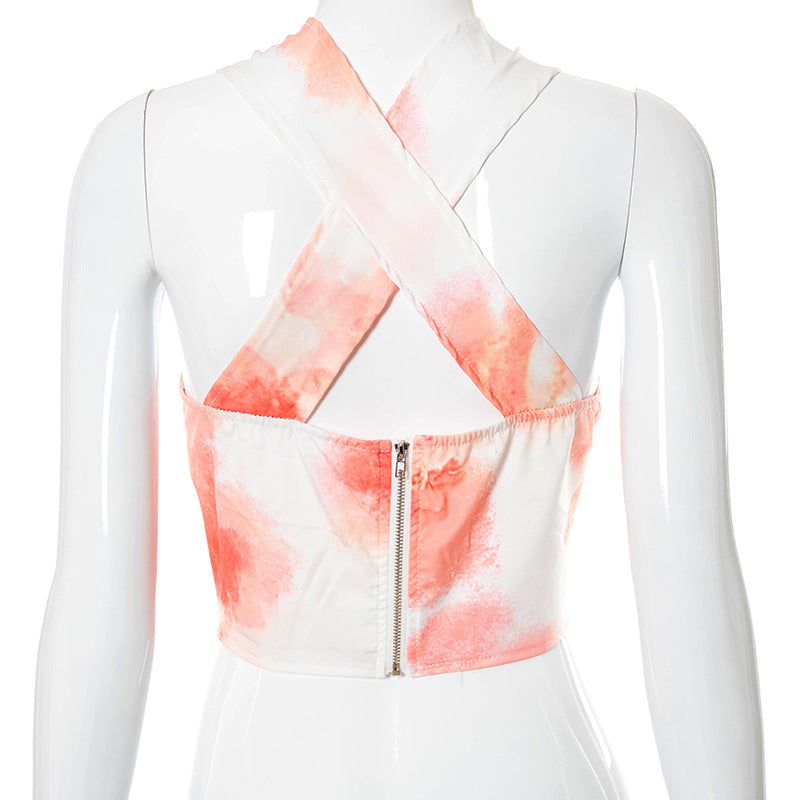 Women's New Printed Halter Sleeveless Zip Top