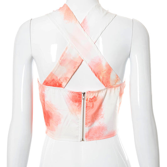 Women's New Printed Halter Sleeveless Zip Top