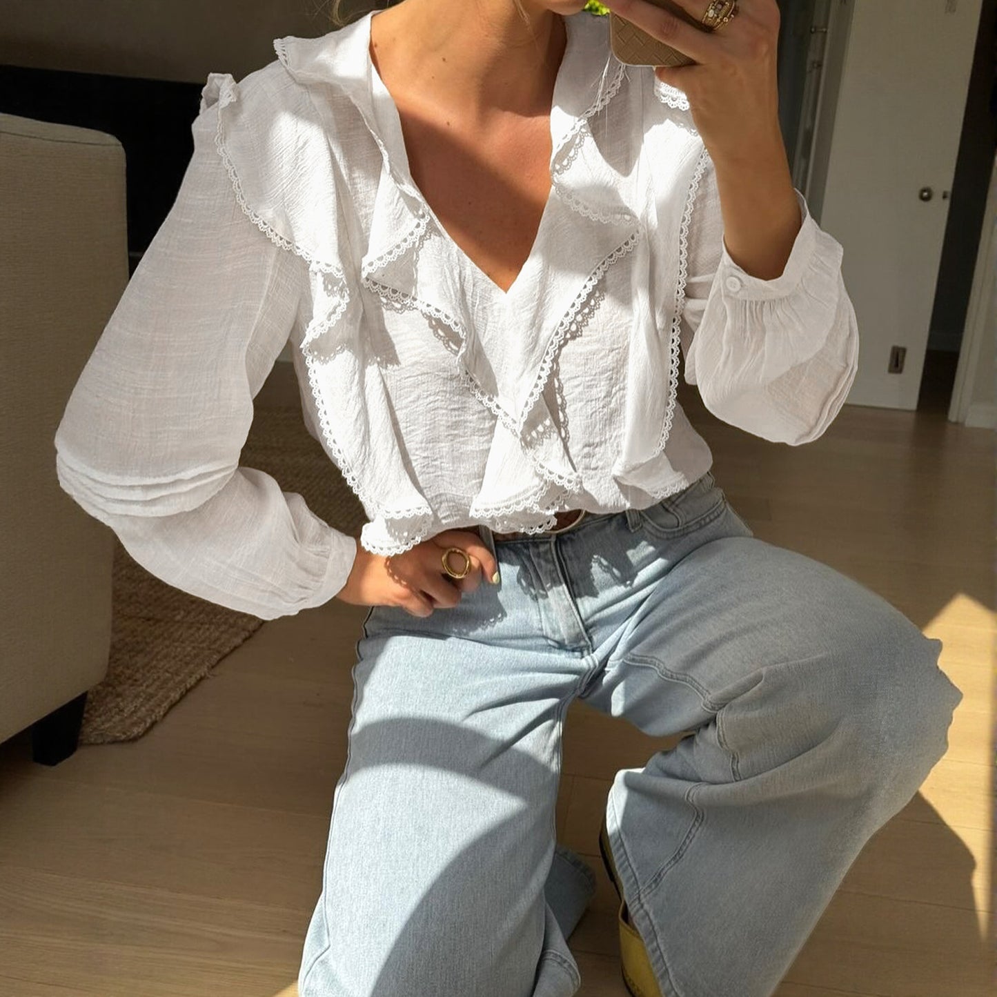 French Pastoral Style Lace Ruffled V-neck Blouse For Women