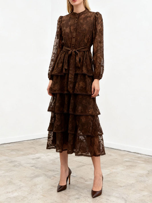 Round Neck Long Sleeve Lace Embroidered Long Cake Dress