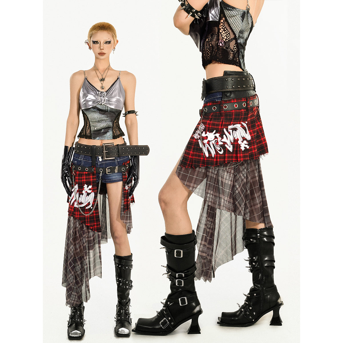 Women's Two Belt Plaid Girdle Skirt
