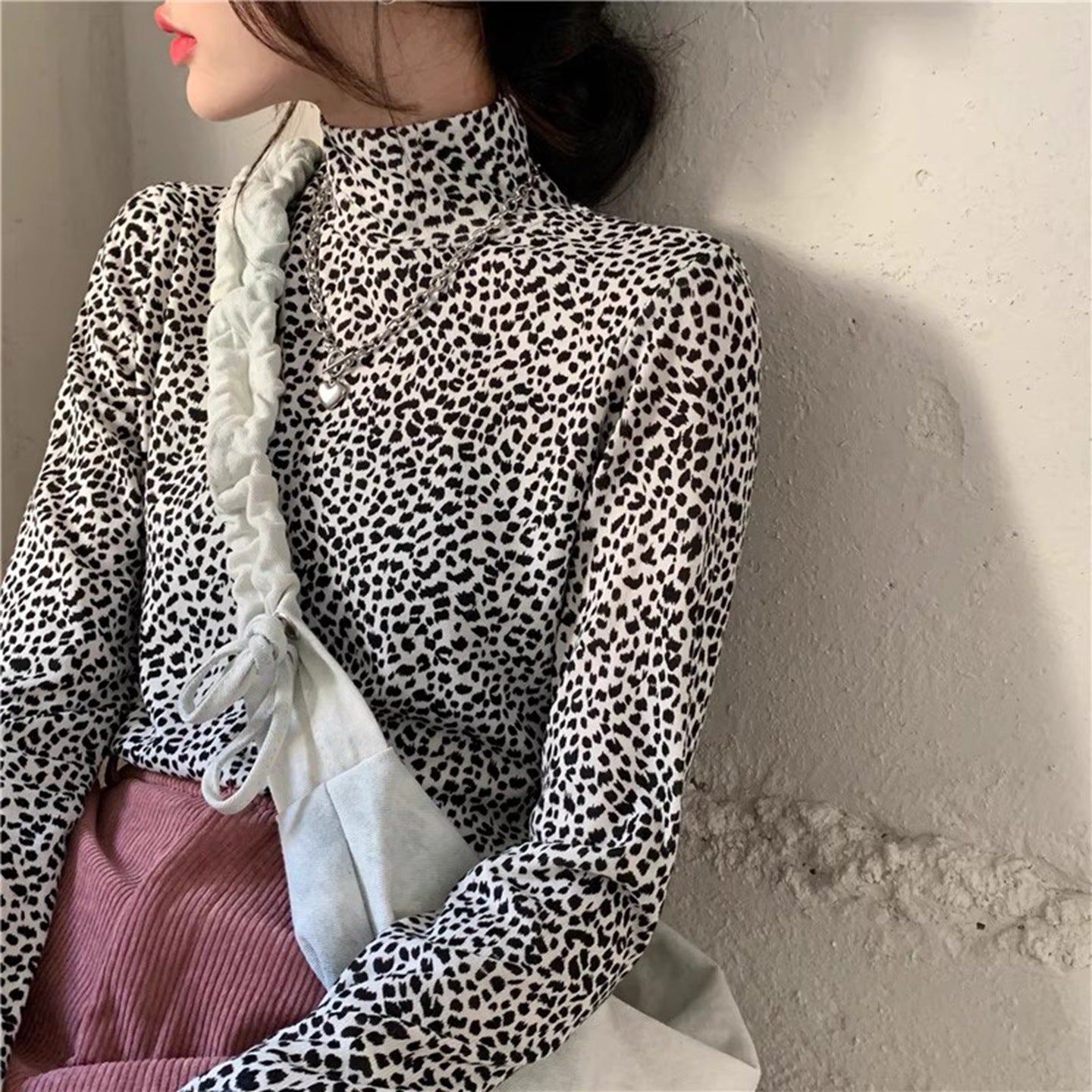 Leopard-print Long-sleeve Base Top Versatile High-neck Inner Layer