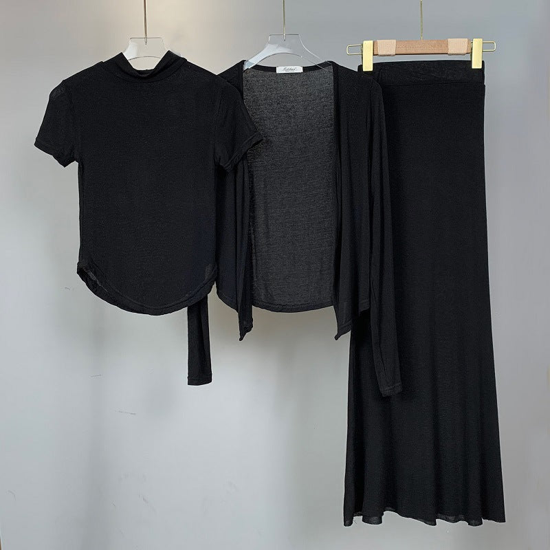Semi-high Neck Short-sleeve T-shirt Cardigan Fishtail Skirt Three-piece Set For Women