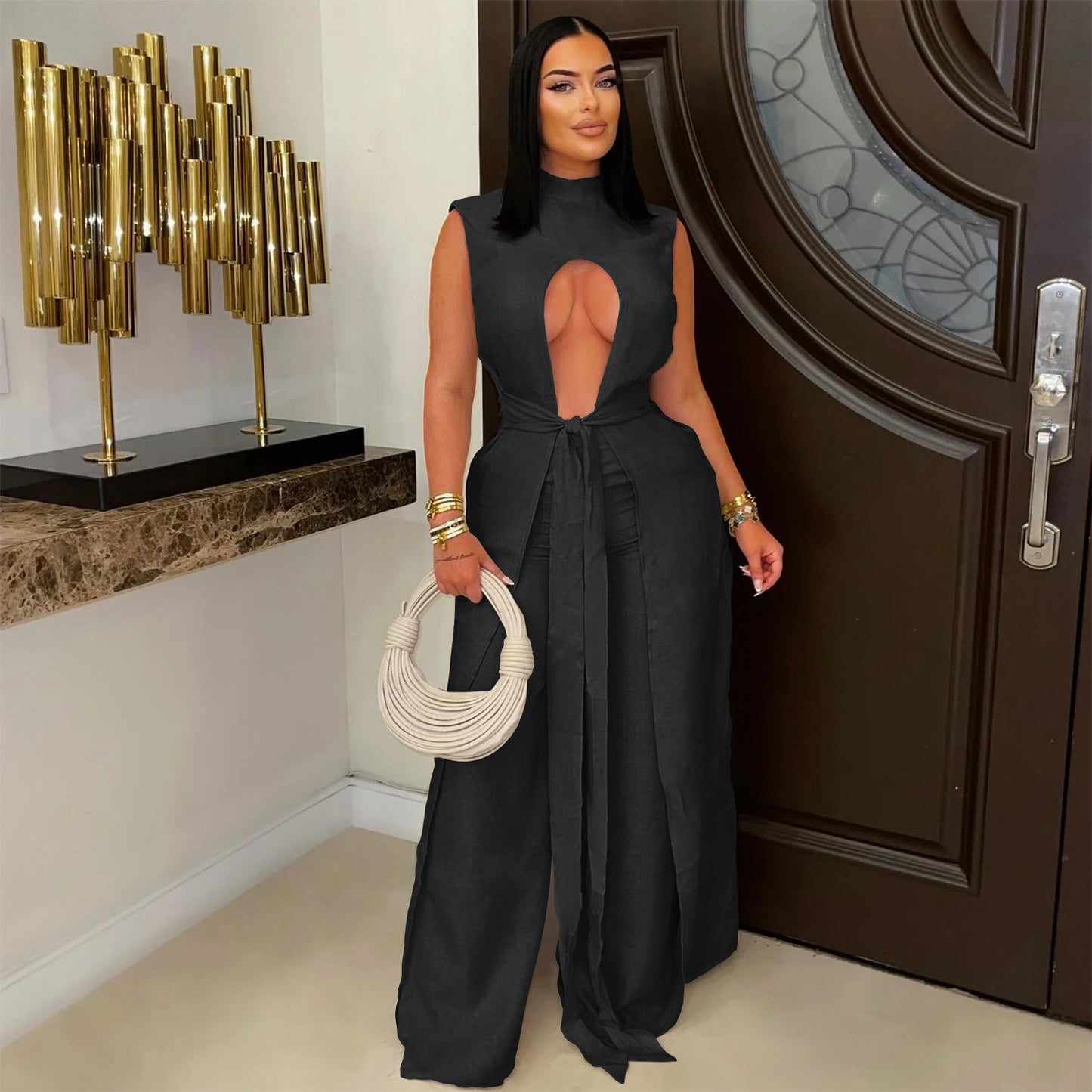 Fashion Women's Wear Sexy Solid Color Lace-up Sleeveless Trousers Suit