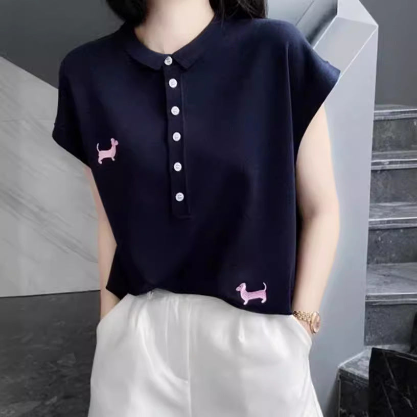 Half-button Small Lapel Ice Silk Knitted Embroidered Striped Vest Top