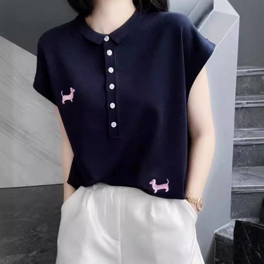 Half-button Small Lapel Ice Silk Knitted Embroidered Striped Vest Top