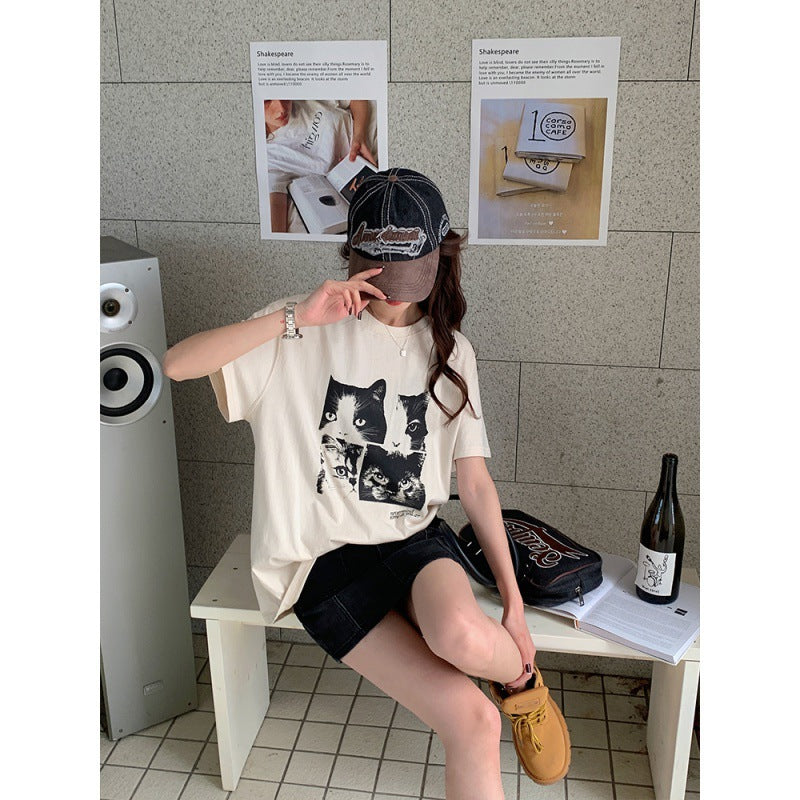 Amerikansk Kat Print Kortærmet T-shirt