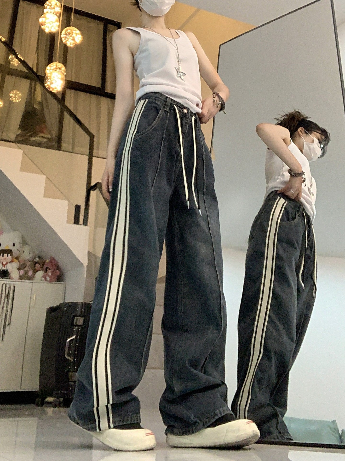 Drawstring Jeans High Waist Loose And Slimming Wide Leg Straight Pants