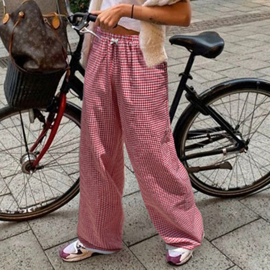 American Casual Contrast Color Red Plaid Trousers