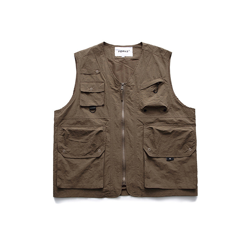 Solid Color Multi-pocket Collarless Frock Vest