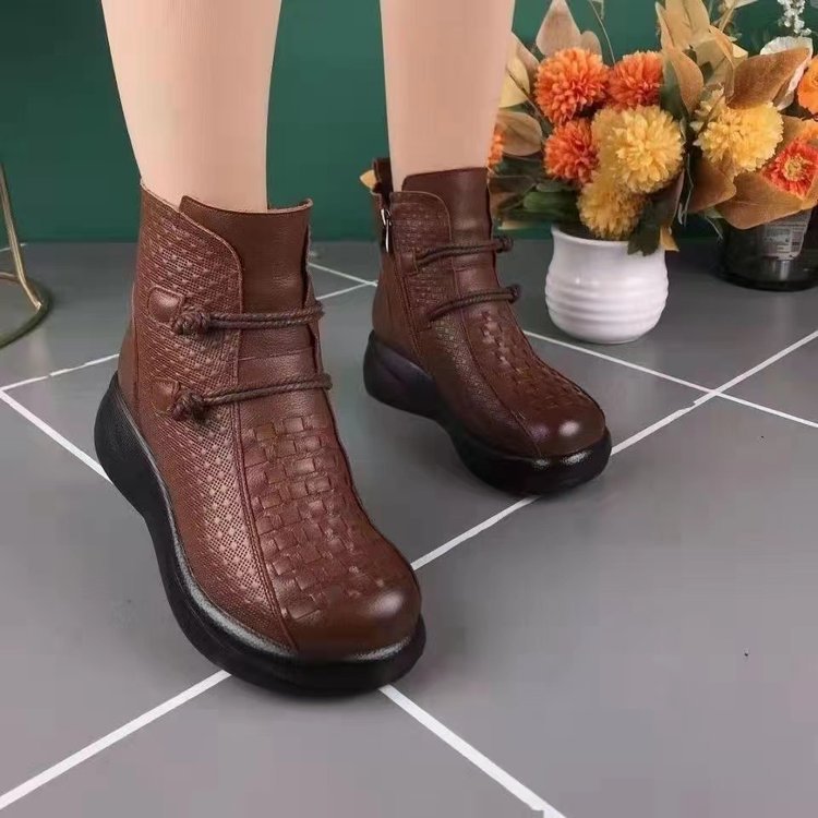 Womens Soft Leather Round-toe Soft-soled Fleece-lined Warm Boots