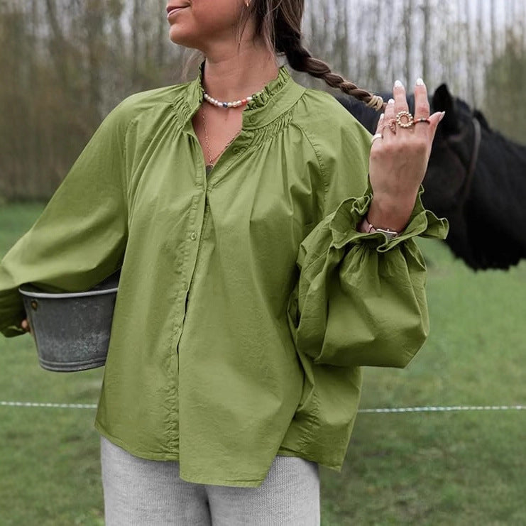 Lantern-sleeve V-neck Ruffled Blouse Top