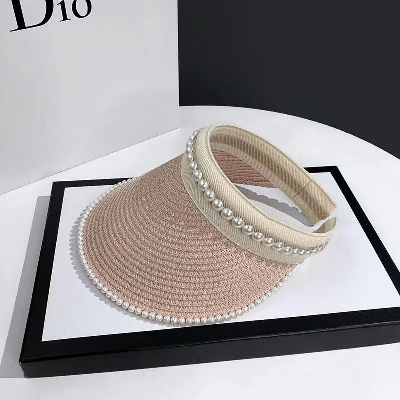 Empty Top Sunshade Pearl Straw Hat Women Lace