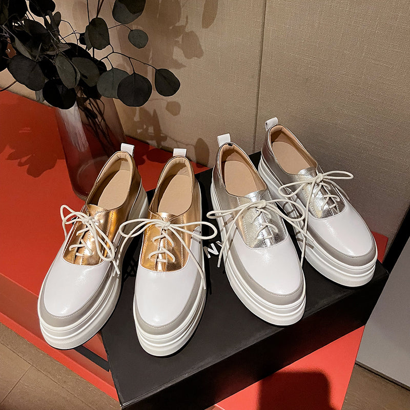 Women's Fashion Leather Color Matching Thick Sole Shoes