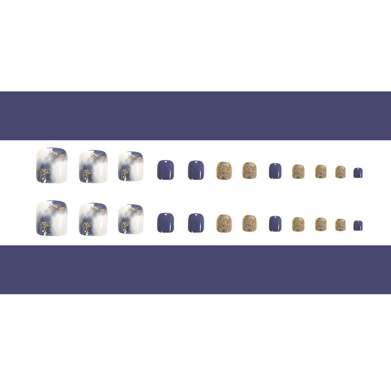 White Blue And White Blooming Gold Foil Manicure