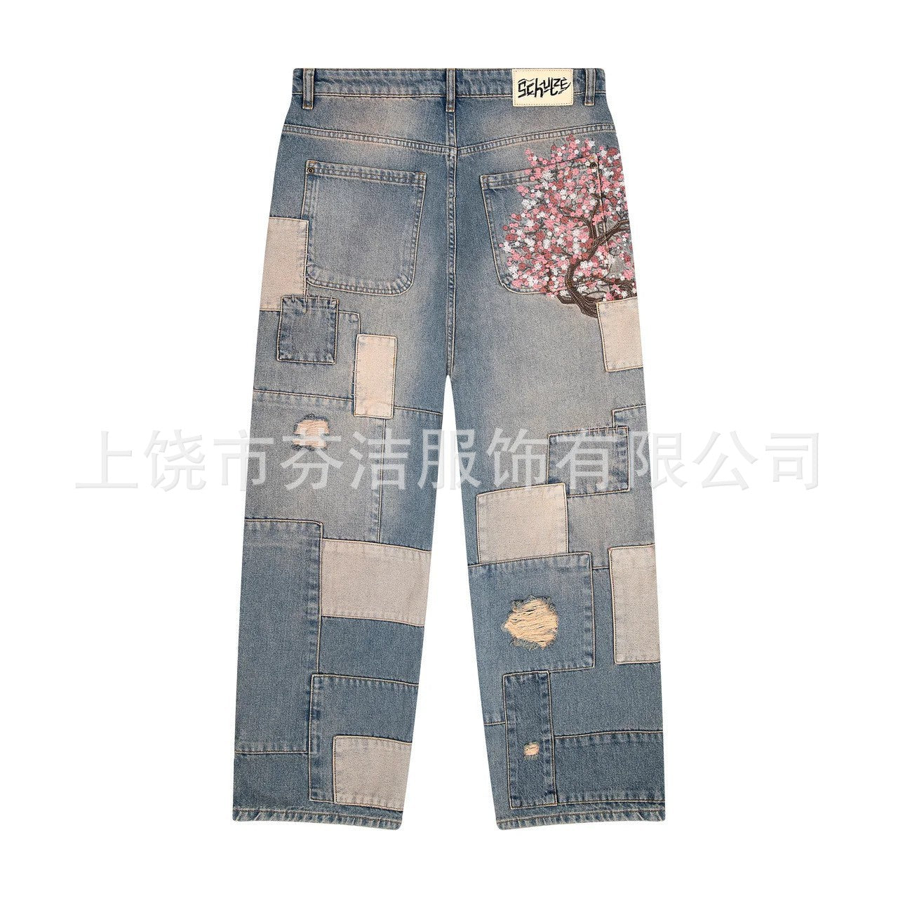 Digital-print Floral Faux Denim Straight-leg Floor-length Pants 3D