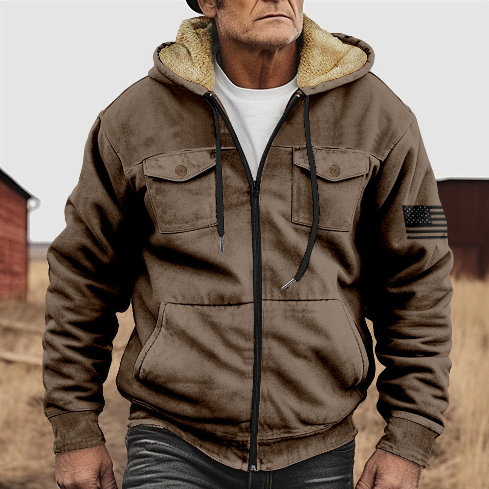 British-style Abstract Fashion Fleece-lined Cotton Coat With Hood And Zipper