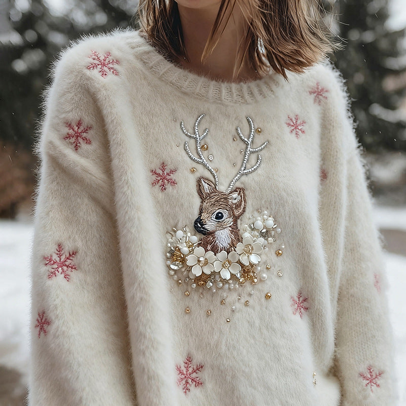 Womens 3D Digital-print Crew-neck Loose Sweater