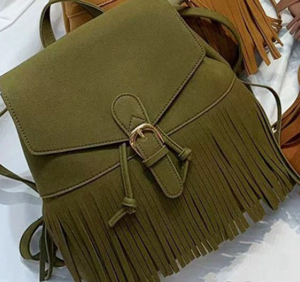 Frosted Women's Tassel Backpack Bundle Mouth Solid Color