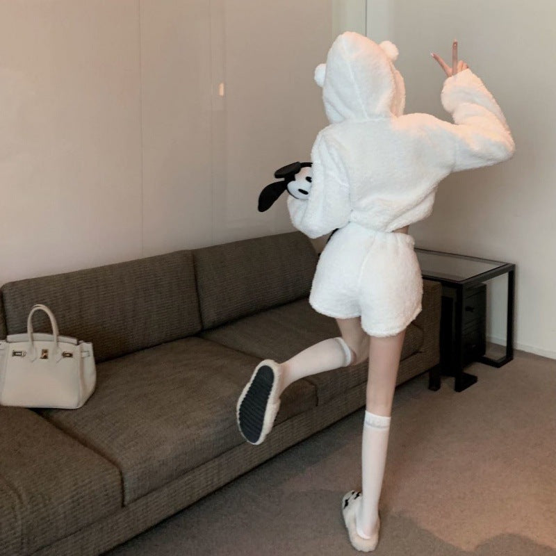 Retro Thick Short High Waist Bear Hooded Top