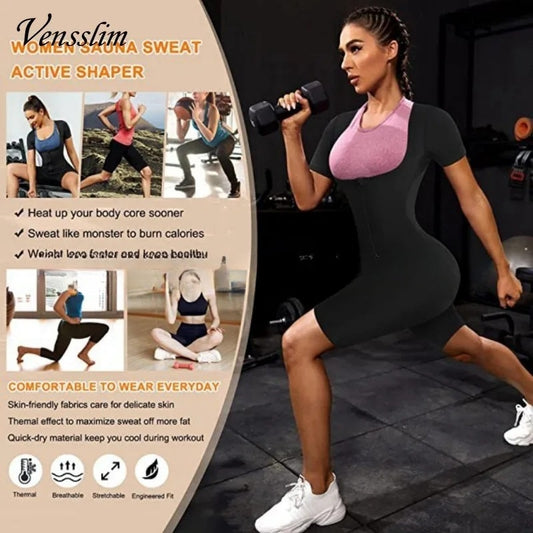 Women's Fitness Violently Sweat Suit Zipper Short Sleeve Burst Into Sweat Jumpsuit