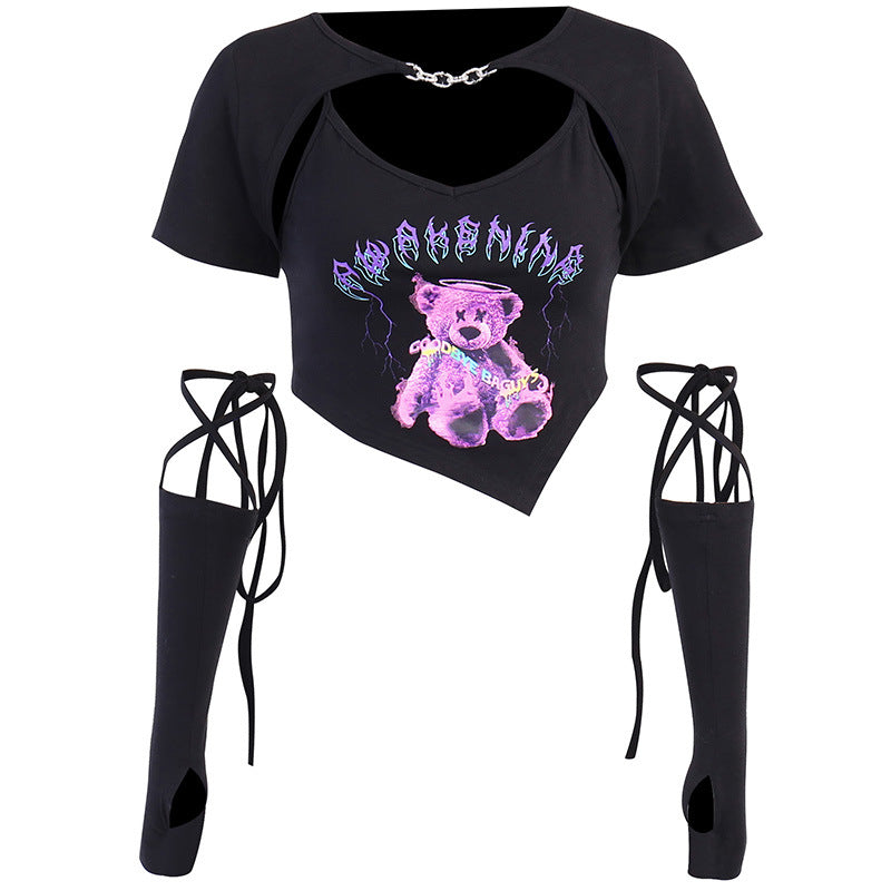 Personality Irregular Cropped Navel Bear Print Short Sleeves