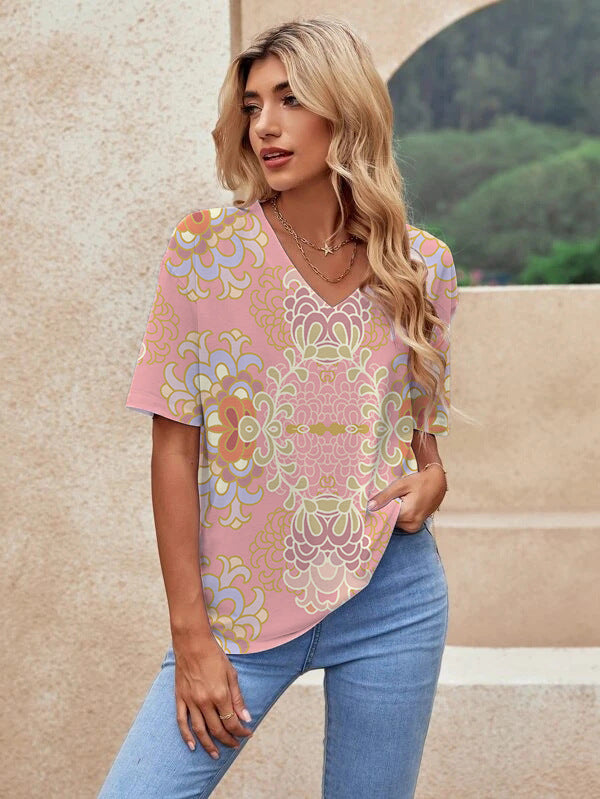 Printed Short Sleeve Urban Loose Casual Women's V Neck T Shirt