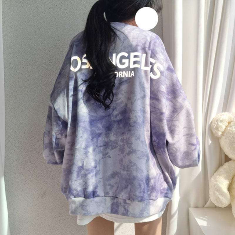 Tie-dye Sweater Dame Bomuld Løs Koreansk Top All-match Bogstaver Forår Og Efterår