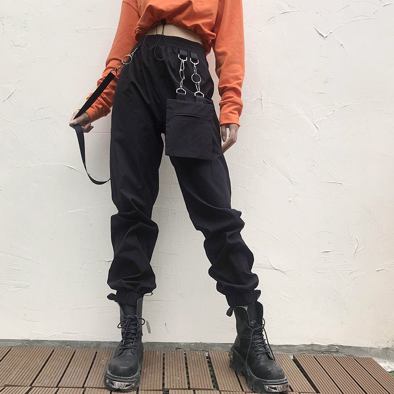 Street Style Metal Element Detachable Chain Pocket Overalls Women High Waist
