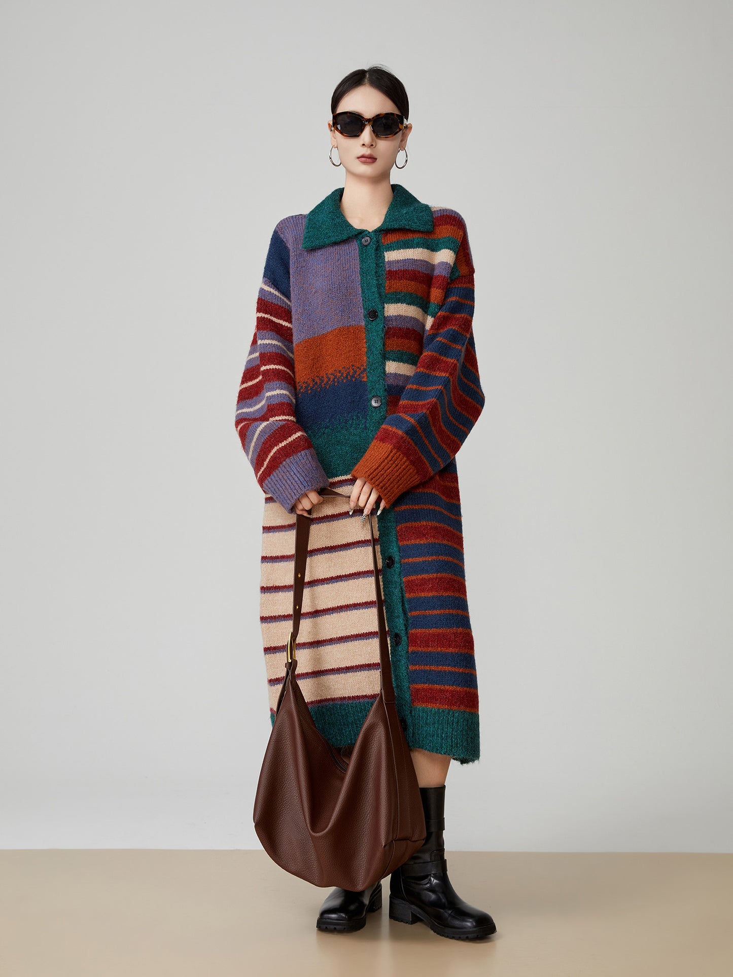 American Retro Color Stripes Long Sweater Coat Women