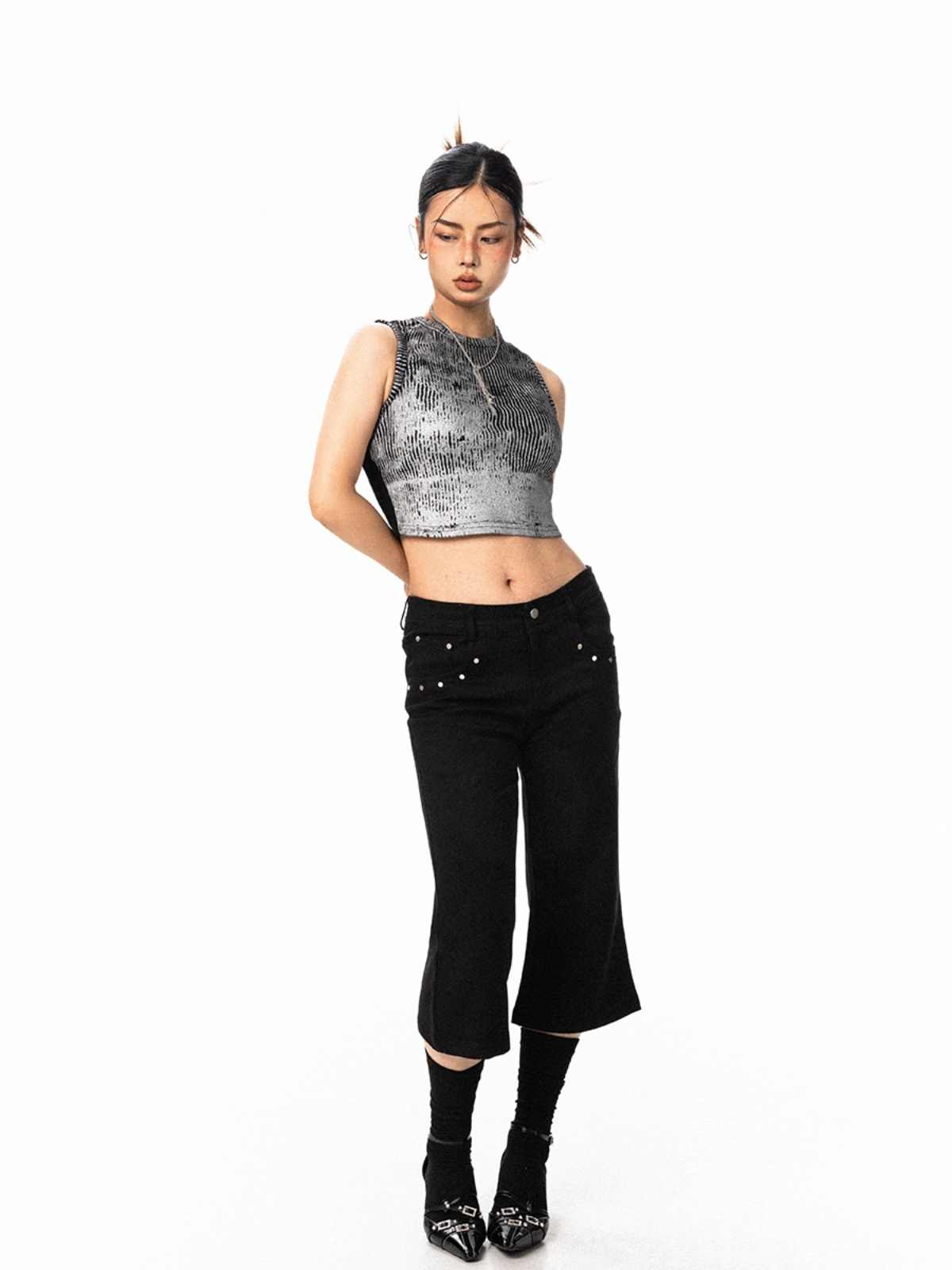 Women's Black Rivet Skinny Jeans Loose Straight Flare Pants