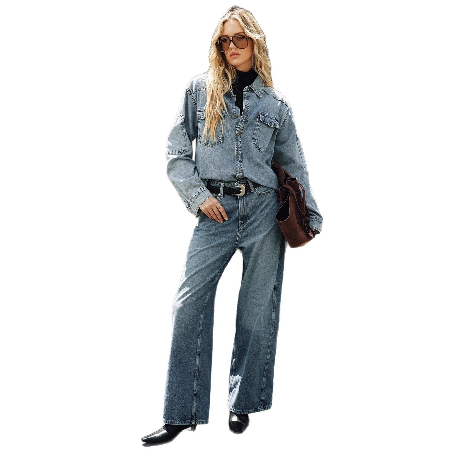 Womens Light Blue Washed Denim Jacket And Pants Set