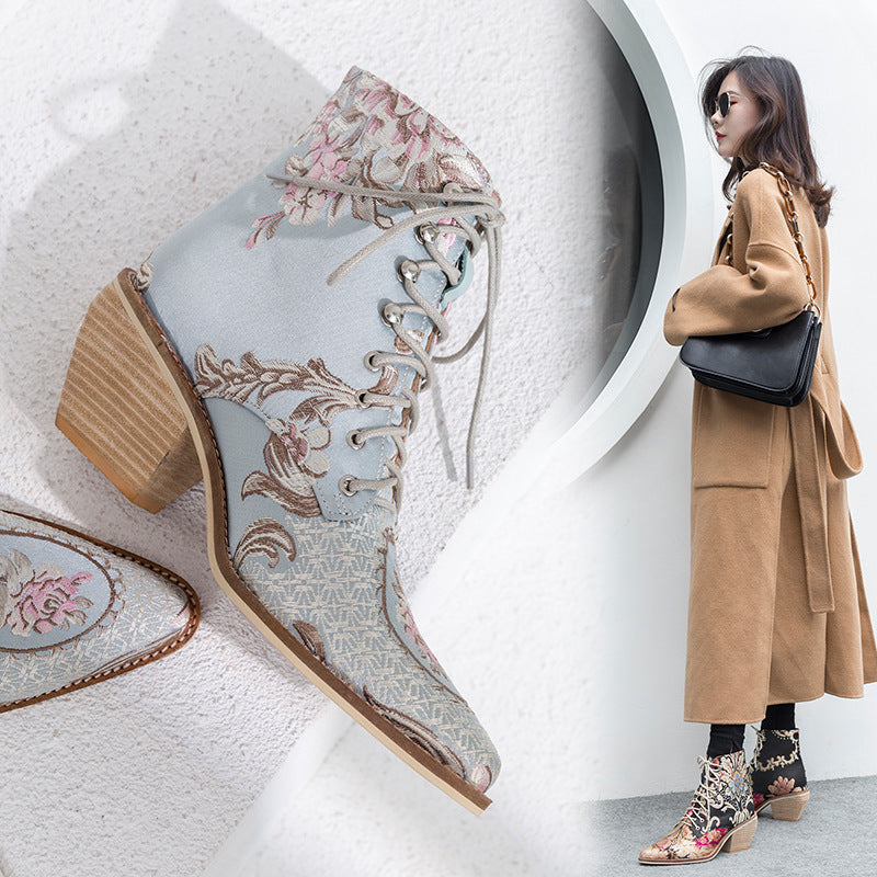 Vintage Hand-embroidered Lace-up Flower High-heeled Ankle Boots