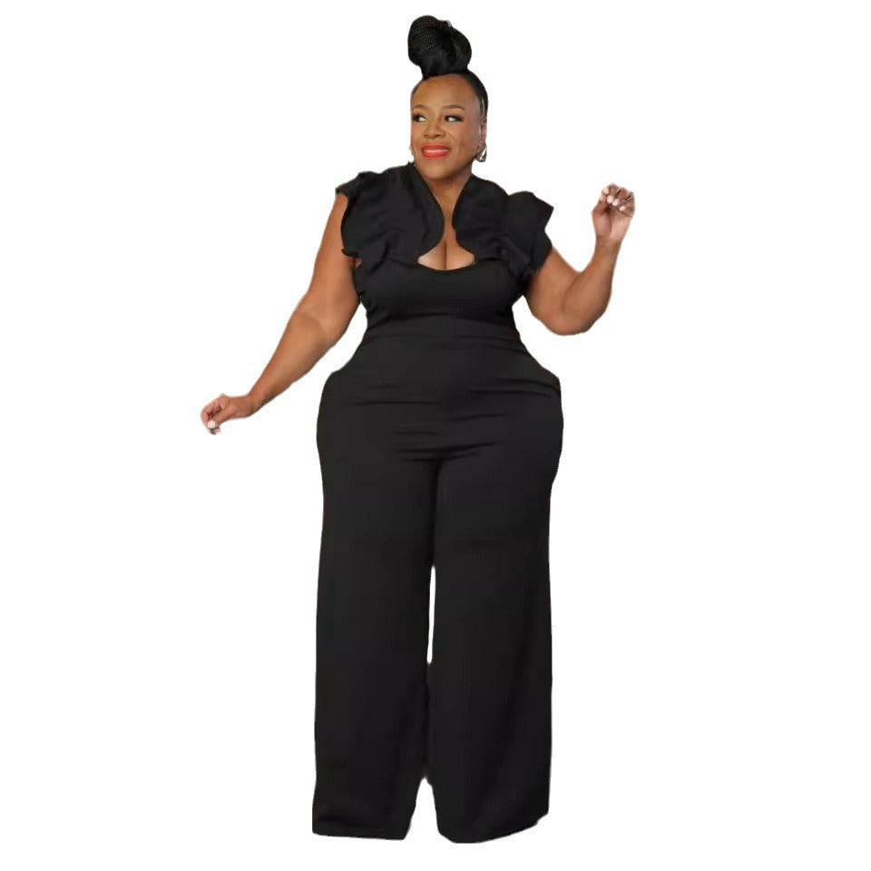 Plus Size Strappy Lace Stretchy Slim Wide Leg Jumpsuit