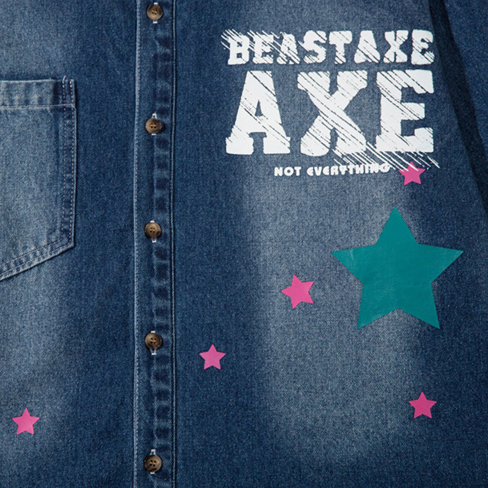 XINGX Alphabet Graffiti Print Denim Shirt Coat