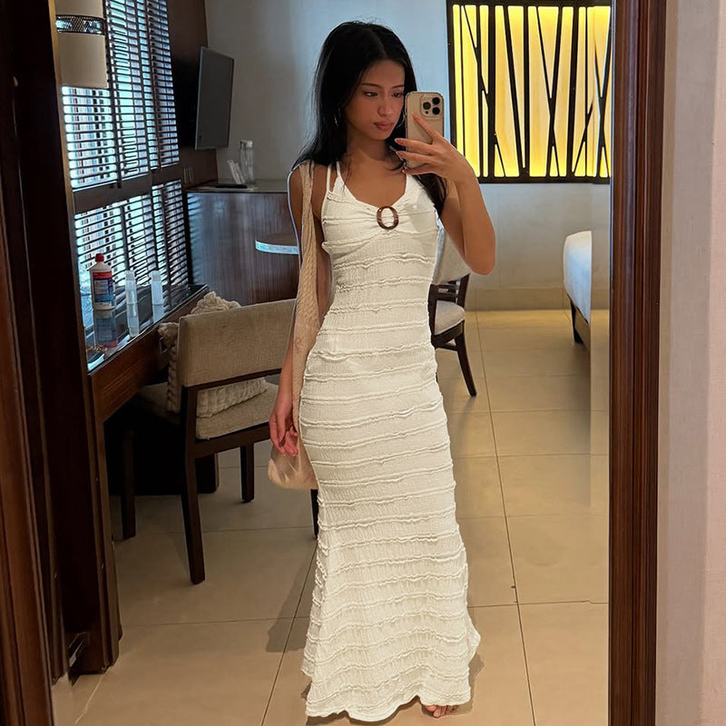 Womens Wave-Pattern Lace-up Halter Dress