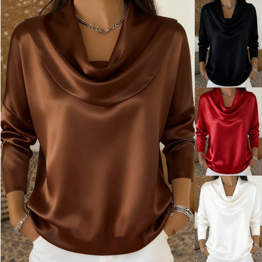 Springautumn Casual Chic Satin Boat-neck Blouse For Women