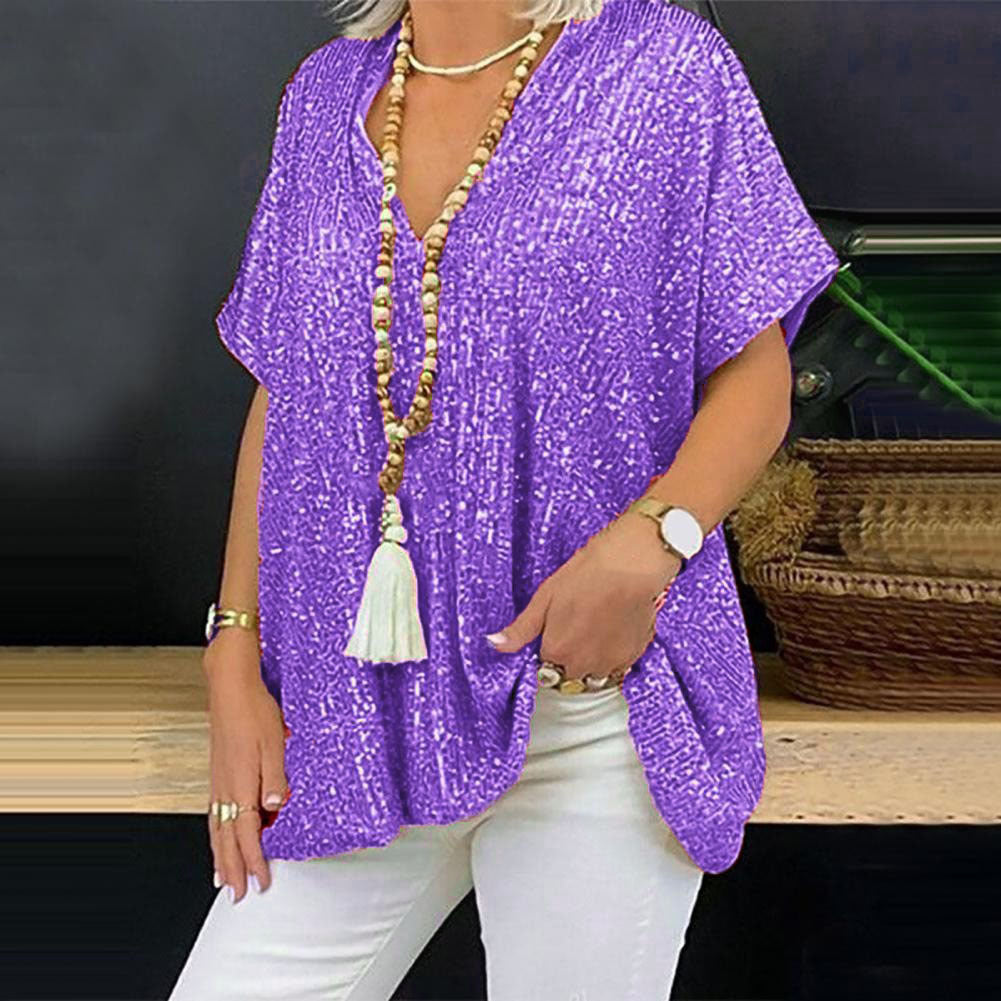 Loose Pullover Sequined V-neck T-shirt Top Women's Clothing