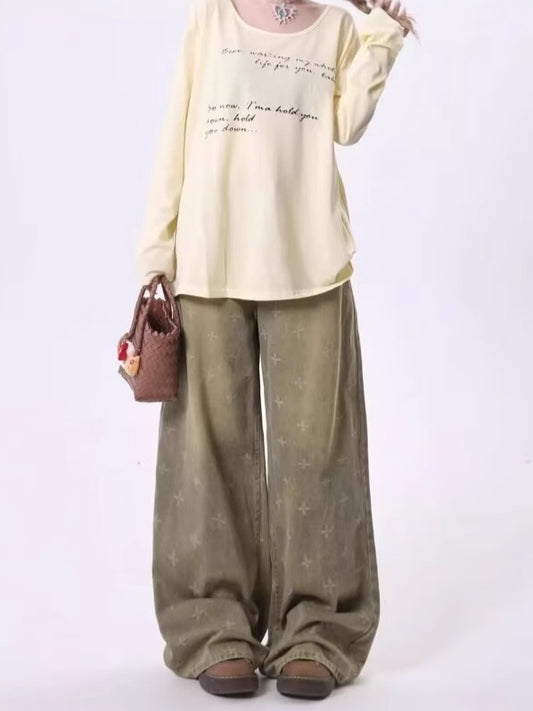 Womens Retro Heavy-Print Cross-Star Design Wide Straight Pants