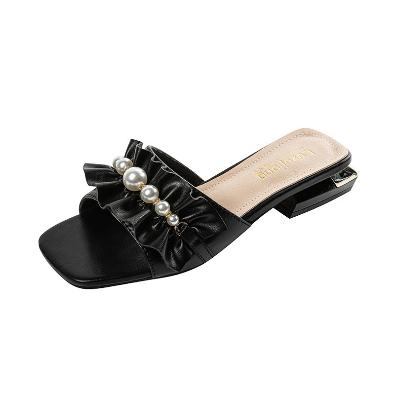 Summer New Pearl Low Heel Sandals And Slippers