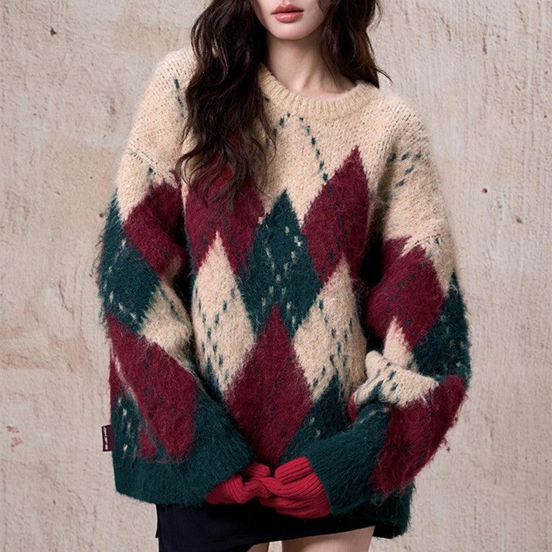 Women's Rhombus Pullover Retro Lazy Style