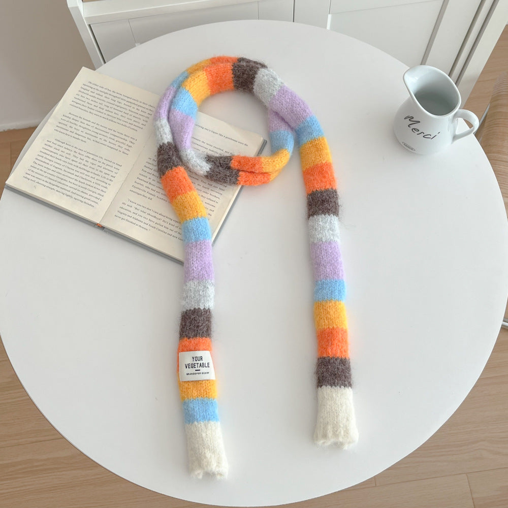 Versatile Narrow Rainbow-colored Retro Slim Long Scarf With A Chic Knitted Design