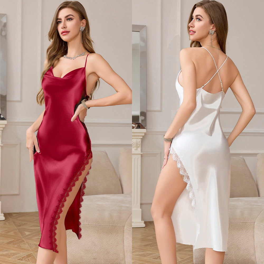 Strapless Backless Skirt With Slit & Lace Womens 2-Piece Pajama Set