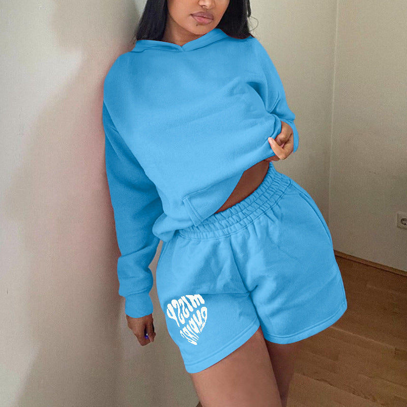 Long Sleeve Hooded Sweatshirt Shorts Two-Piece Set Women's