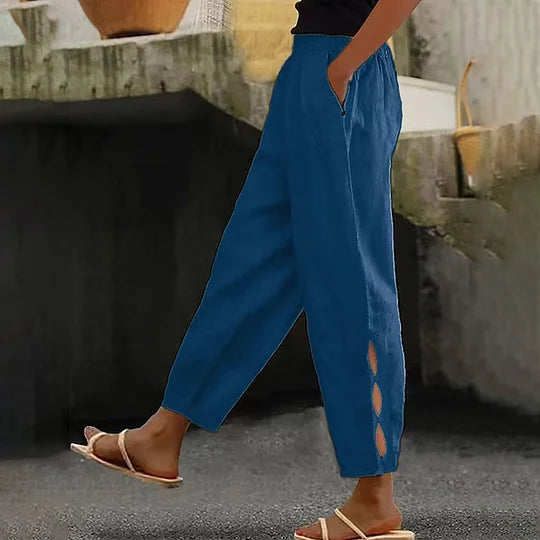 Hollow-Out Ankle Detail Trousers - Button-Adorned Bottom Hem Pants For Women Summer Daily Wear