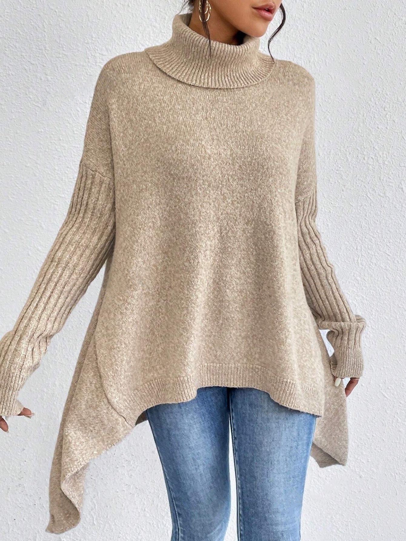 Uregelmæssig rullekrave-sweater Vinter løs langærmet striktoppe Fritids varm pullover-sweater Dametøj