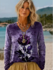 Women's Vintage Floral Print V-Neck Loose Linen Blend Tee