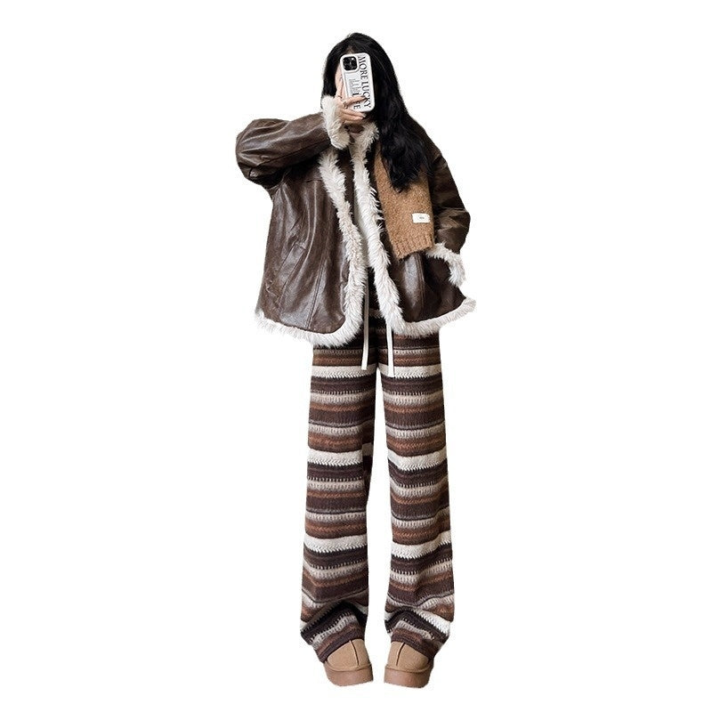 Woolen Striped Women's Wide-leg Pants Fallwinter Comfortable Retro